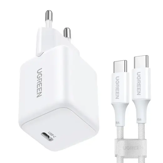 Ugreen X513 tīkla lādētājs | 30W | GaN | USB-C | USB-C uz USB-C vads komplektā | balts