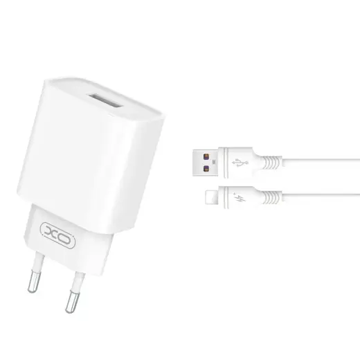 XO CE02D tīkla lādētājs | 18W | QC | USB-A | ar USB-A uz Lightning vadu komplektā | balts