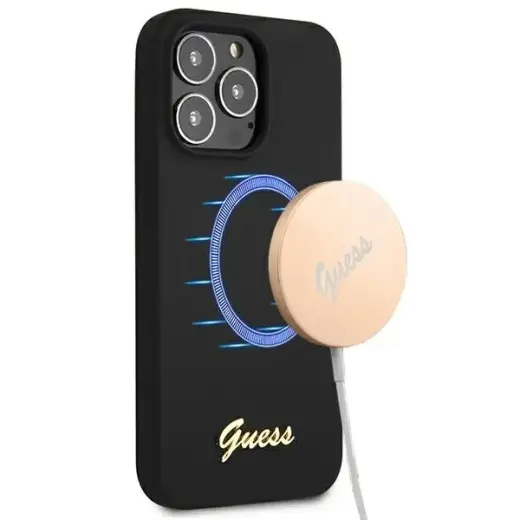 Guess GUHMP13XLSLMGBK iPhone 13 Pro Max 6,7" black|czarny hardcase Silicone Script Gold Logo MagSafe