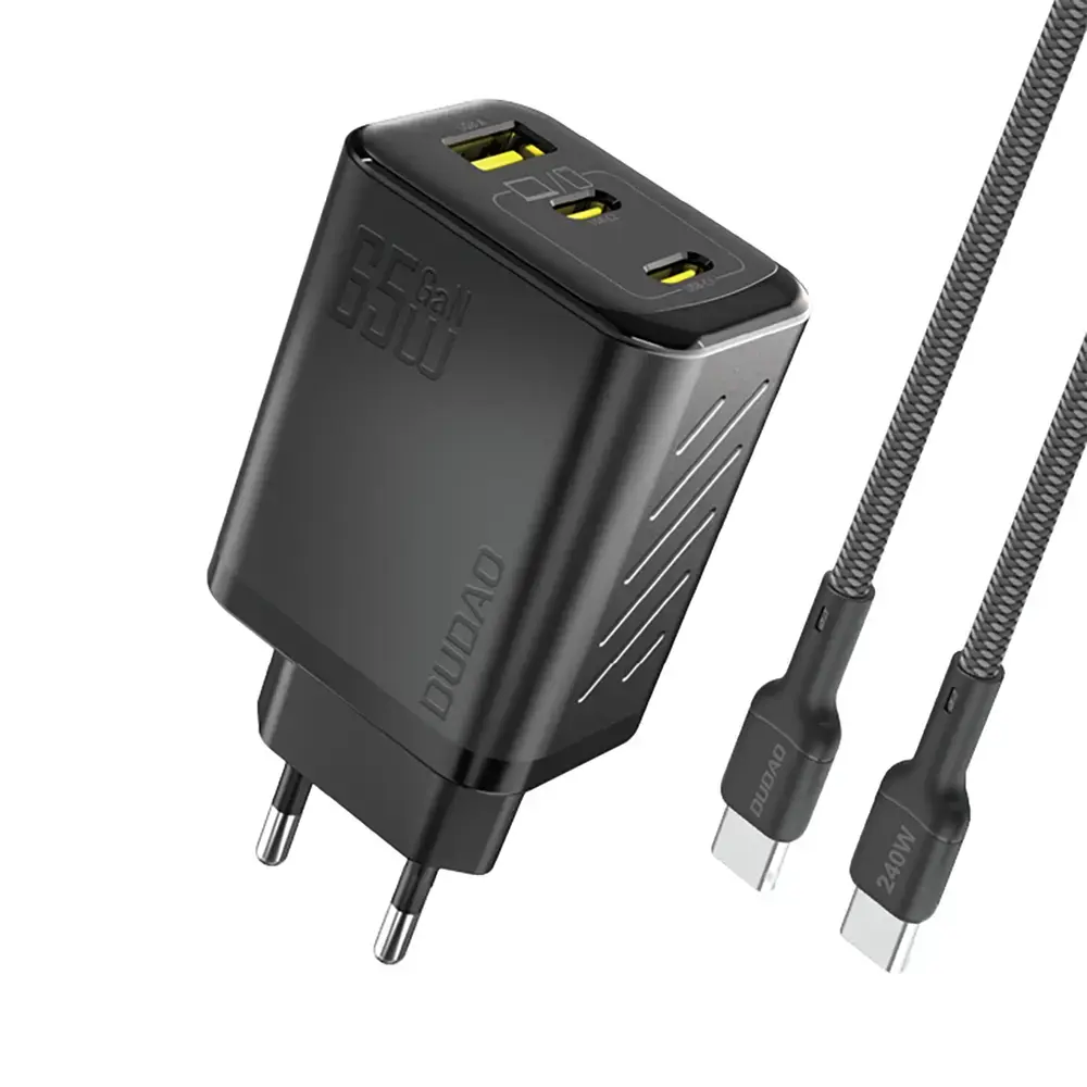 Dudao A29C tīkla lādētājs | 65W | PD, QC, GaN | USB-C, USB-A | ar USB-C uz USB-C vadu komplektā | melns