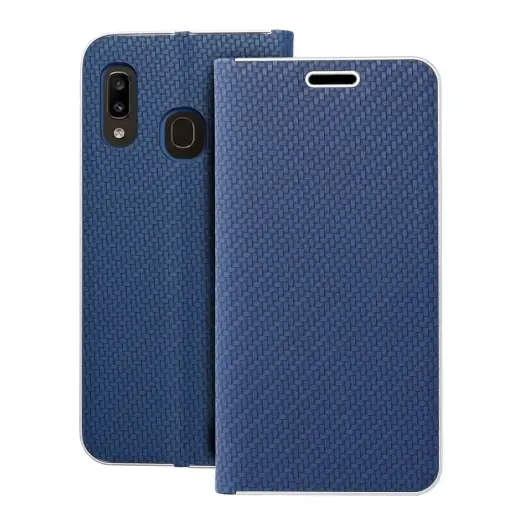 LUNA Book Carbon knyginio tipo telefono dėklas Samsung Galaxy A20e (A202) mėlynas