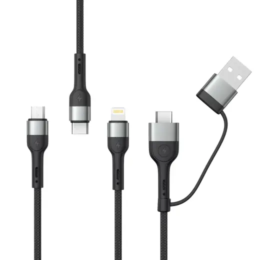 XO NB254 3-in-1 провод для передачи данных и зарядки | USB-A на USB-C, USB-C, Micro USB, Lightning | 15W | 1.2м | черный