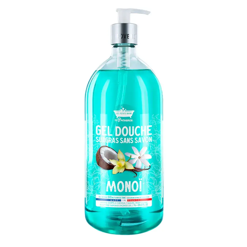 Les Petites Bains de Provence, Monoi, Shower Gel, For Body, Face & Hair, For Sensitive Skin, 1000 ml