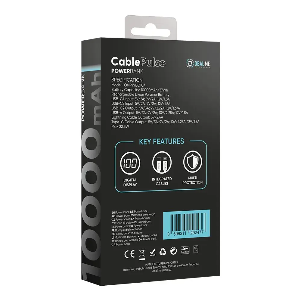 OBAL:ME CablePulse ārējais akumulators (powerbank) | 10 000 mAh | 22.5W | USB-C, Lightning | melns