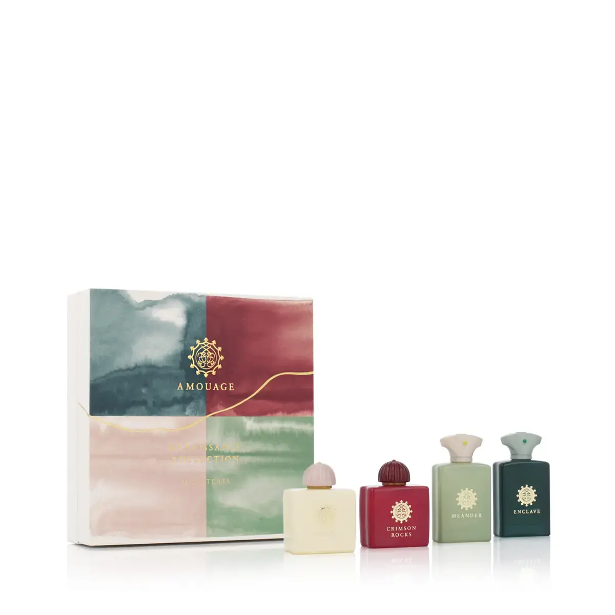 Set Amouage: Renaissance - Enclave, Eau De Parfum, For Men, 7.5 ml + Crimson Rocks, Eau De Parfum, For Women, 7.5 ml + Ashore, Eau De Parfum, For Women, 7.5 ml + Meander, Eau De Parfum, For Men, 7.5 ml