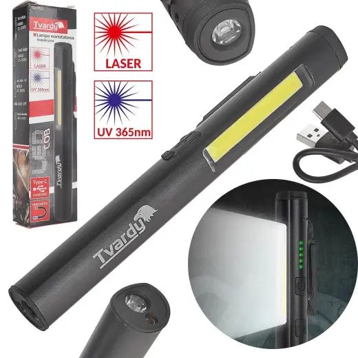 Töökojalamp magnetiga, LED COB 5W + 3W, UV laser, 800mAh, 400lm, IP44
