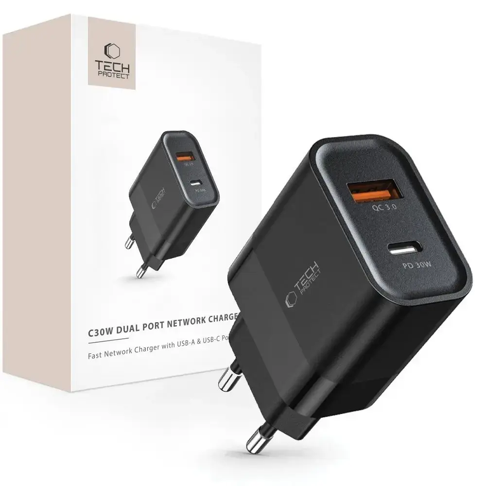 Tech-Protect C30W tīkla lādētājs | 30W | PD, QC 3.0 | USB-C, USB-A | melns
