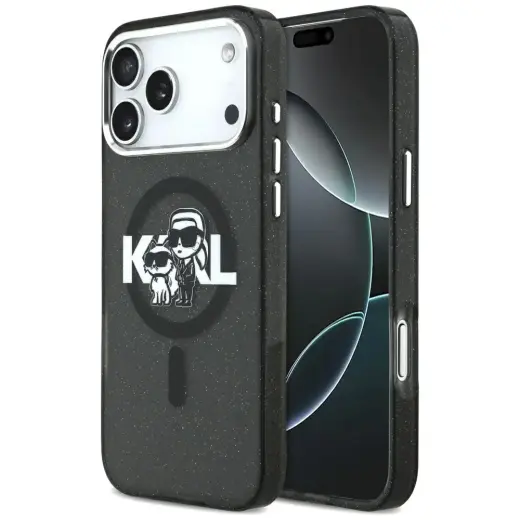 Etui Karl Lagerfeld IML Glitter Karl &    Choupette Sketch Logo MagSafe do iPhone 17 Pro Max czarny