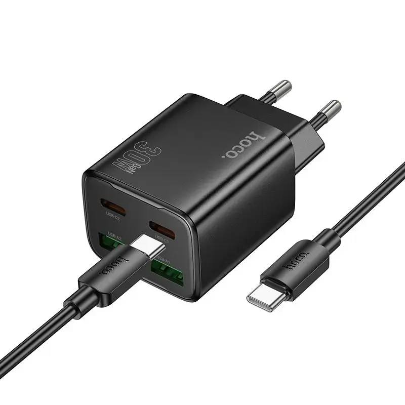 HOCO N56 tīkla lādētājs | 30W | PD, QC, PPS | USB-C, USB-A | ar USB-C uz USB-C vadu komplektā | melns