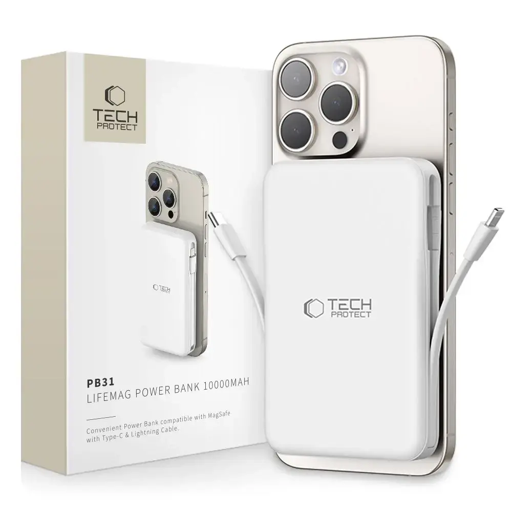 Tech-Protect LifeMag PB31 ārējais akumulators (powerbank) | 10000 mAh | 15W | USB-C, USB-A, Lightning, MagSafe | balts