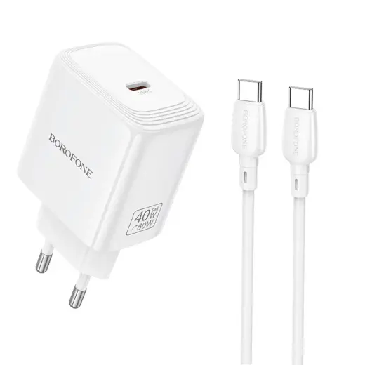 Зарядное устройство Borofone BN33 Fuente | 40W | PD, QC, GaN, PPS | USB-C | с кабелем USB-C на USB-C в комплекте | белое