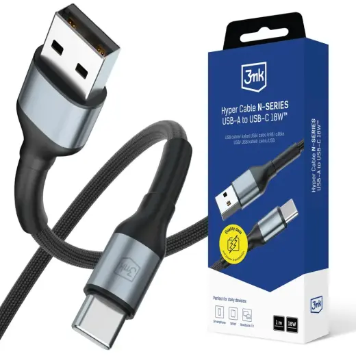 3mk Hyper N-SERIES duomenų perdavimo ir įkrovimo laidas | USB-A į USB-C | 18W | 1m | juodas