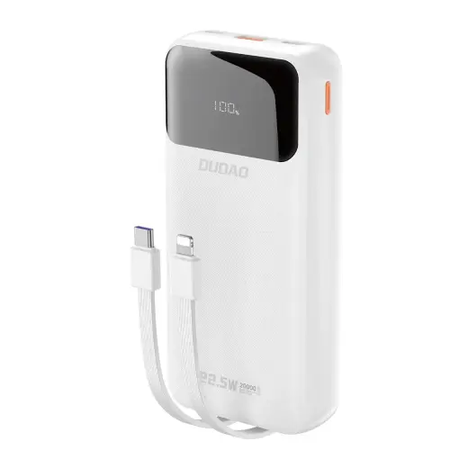 Dudao K15Pro ārējais akumulators (powerbank) | 20000 mAh | 22.5W | USB-C, USB-A, Lightning | LED ekrāns | balts