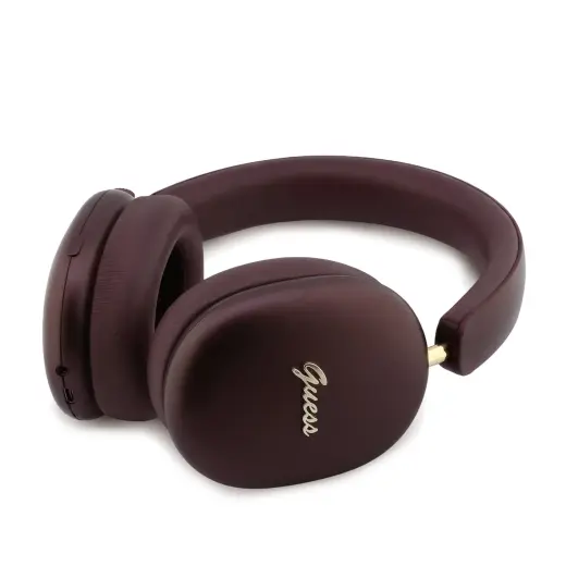 Guess Metallic Finish Gold Script Logo ENC Wireless Headphone Burgundy