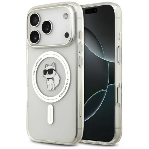 Karl Lagerfeld IML Choupette telefoniümbris MagSafe toega iPhone 17 Pro jaoks, läbipaistev
