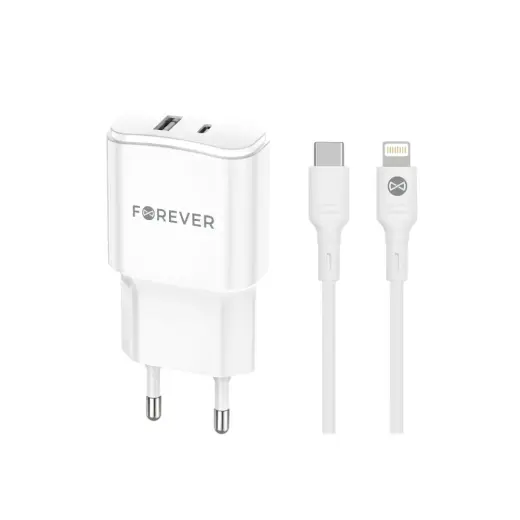 Forever TC-01-20AC tīkla lādētājs | 20W | PD, QC | USB-C, USB-A | USB-C uz Lightning vads komplektā | balts