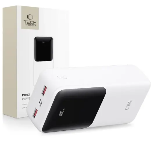Tech-Protect PB03 ārējais akumulators (powerbank) | 30000 mAh | 22.5W | USB-A, USB-C, Micro USB | LED ekrāns | balts