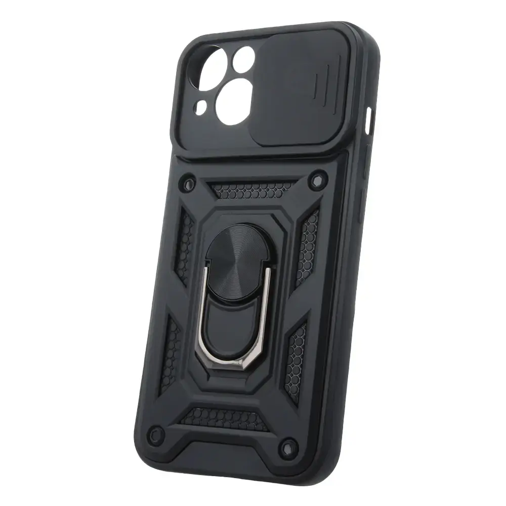 Defender Slide maciņš ar statīvu telefonam iPhone 14 melns (ar kameras aizsargu)