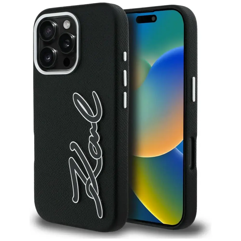 Karl Lagerfeld FW Grained Signature Logo maciņš telefonam iPhone 16 Pro Max melns
