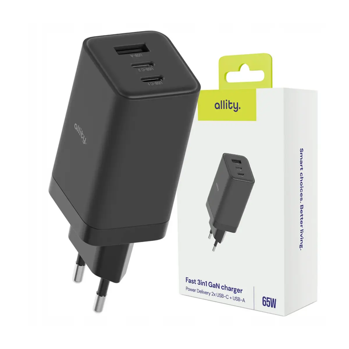 Allity wall charger GaN PD QC ATC-01-65WACC 2x USB-C 1x USB-A 65W black