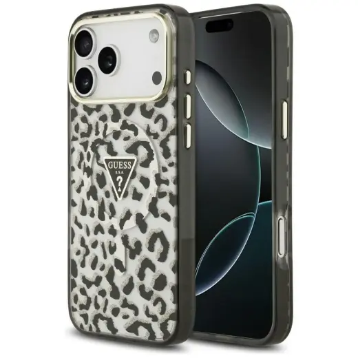 Guess IML Leopard Glitter Triangle Logo phone case with MagSafe support for iPhone 18 Pro Max | iPhone 17 Pro Max black