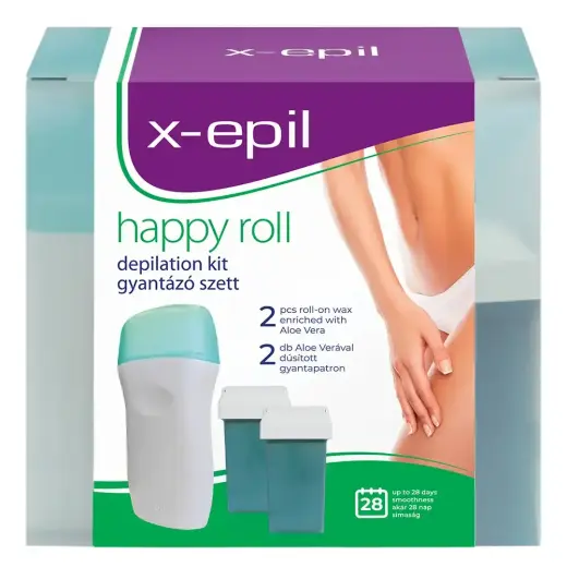Set X-Epil: Happy Roll, Aloe Vera, Silky Finish, Depilatory Wax, Refill, Body, 2 pcs, 50 ml + Happy Roll, Aloe Vera, Silky Finish, Depilatory Wax, Refillable, Body, 50 ml + X-Epil, Hair Removal Wax Strips, For Legs, 10 pcs