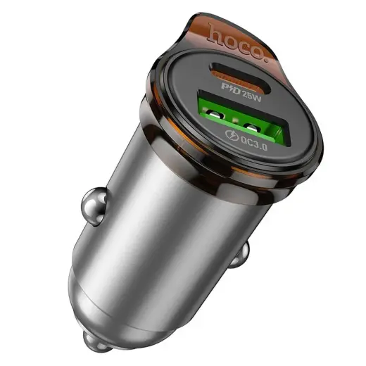 HOCO NZ16A automobilinis įkroviklis | 43W | PD, QC | USB-A, USB-C | su USB-C į USB-C laidu komplekte | pilkas