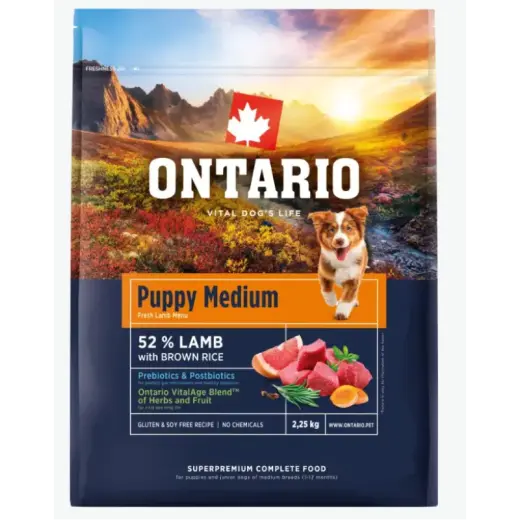 Barība kucēniem – Ontario Puppy Medium, Lamb and Brown Rice, 2,25 kg