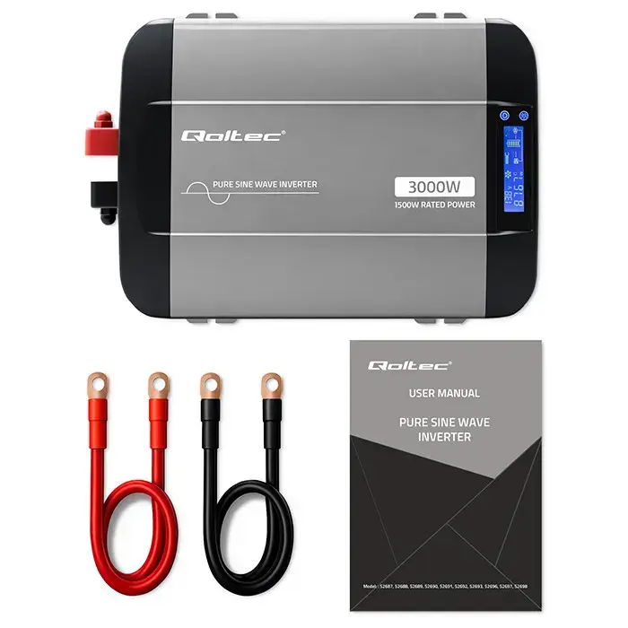 Qoltec Pure Sine Wave Inverter | 12V to 230V | 1500/3000W | LCD | USB | USC-C | Compatible with LiFePO4 GEL AGM