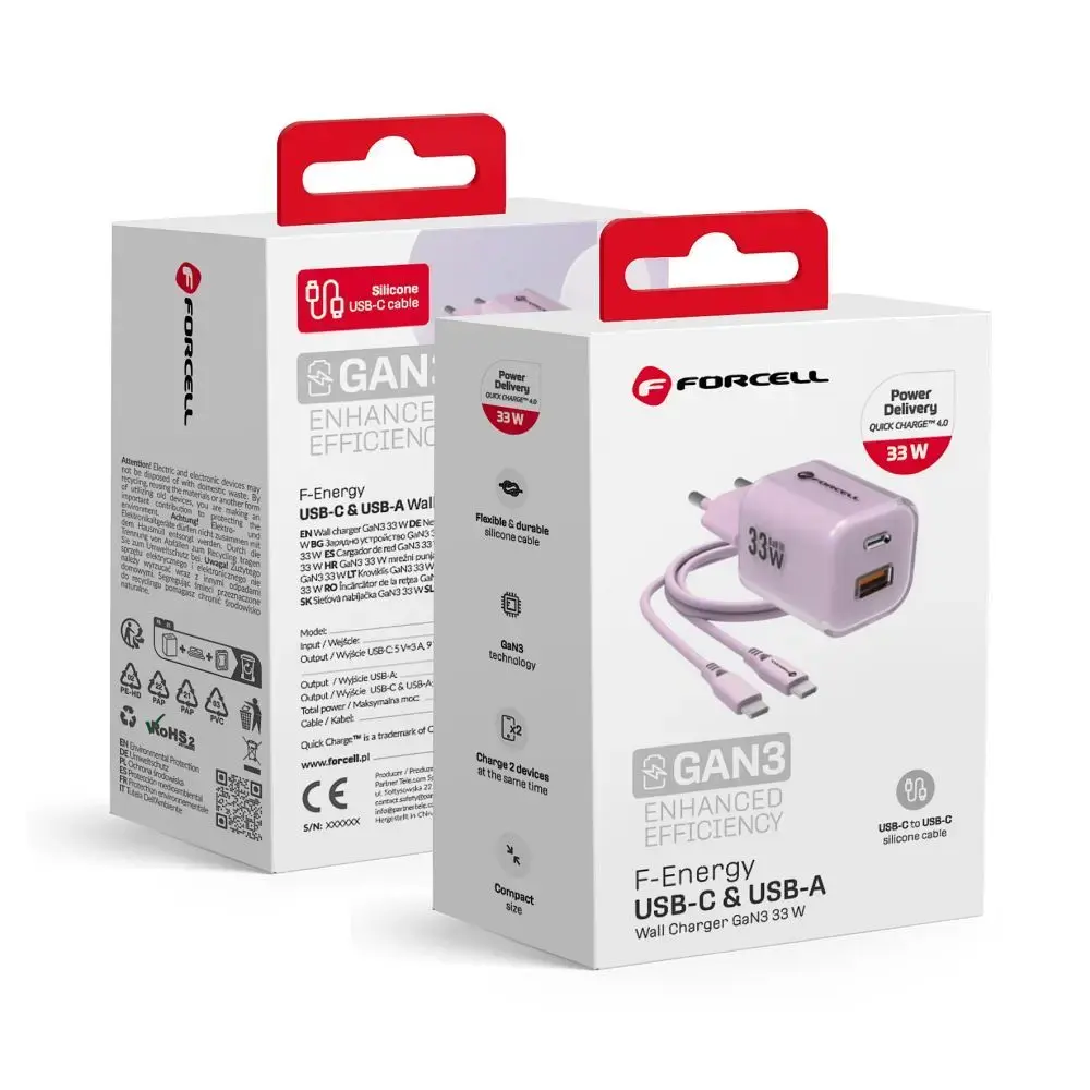 Forcell F-Energy GaN III Crystal Color travel charger | 33W | PD, QC, GaN | USB-C, USB-A | with USB-C to USB-C cable included | purple