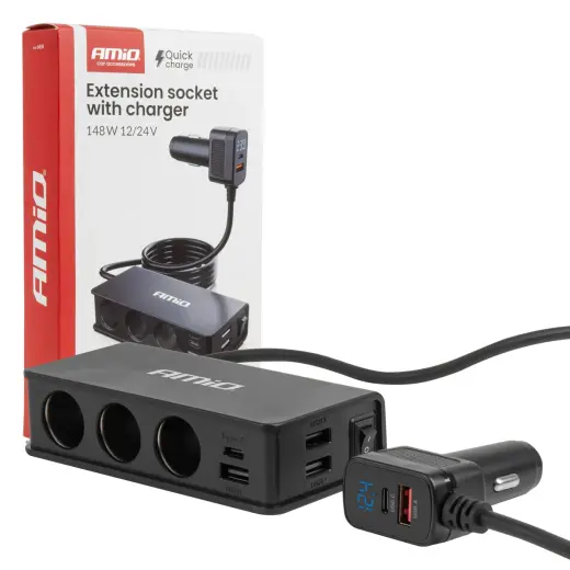 Extension socket with charger 3xUSB-A USB-C QC 3.0 PD 3.0. 148W AMIO-04836