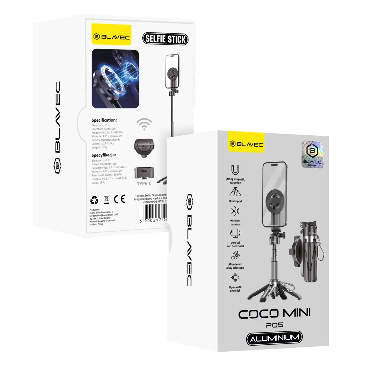 Blavec Selfie Stick Aluminium Coco Mini P05 Magsafe tripod + remote control + holder 0,41 metres (SSCMP05-MTRHB041) black