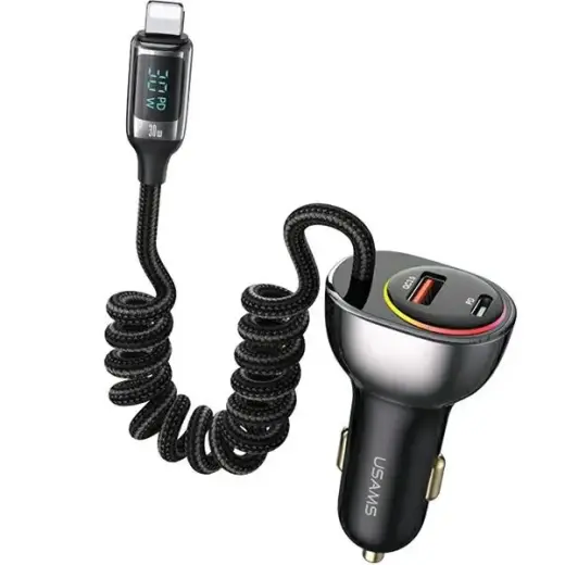 USAMS C37 CC193 automašīnas lādētājs | 60W | PD, QC | USB-A, USB-C | ar Lightning vadu komplektā | melns