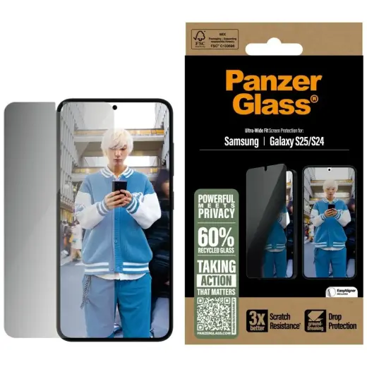 PanzerGlass Ultra-Wide Fit tempered glass for phone Samsung Galaxy S25 (privacy effect)