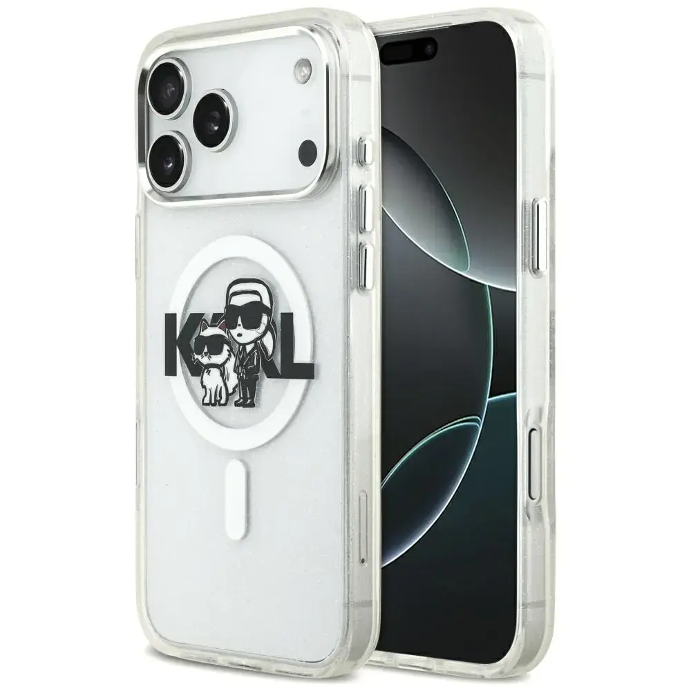 Karl Lagerfeld IML Glitter Karl & Choupette Sketch Logo MagSafe Case for iPhone 17 Pro Max Clear