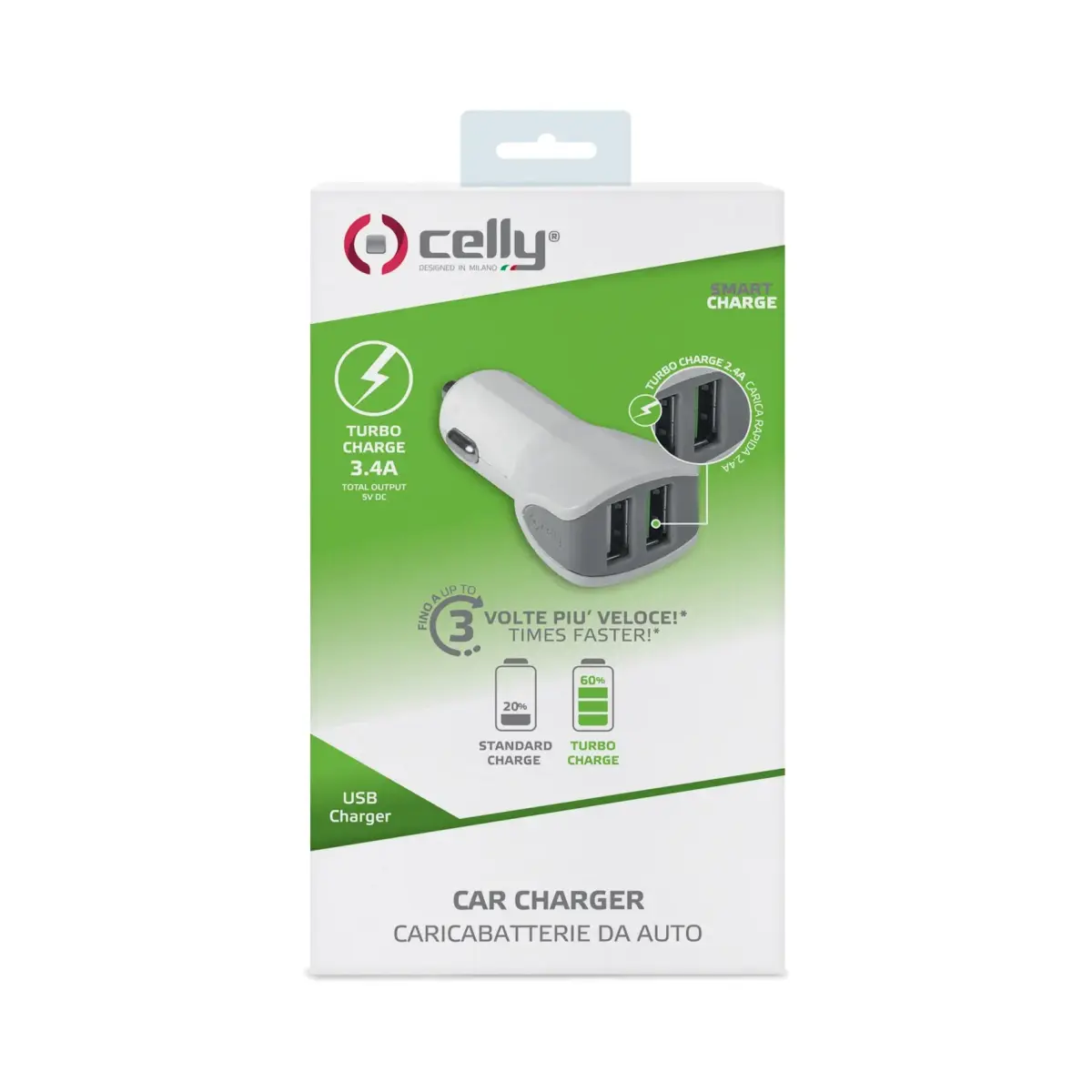 Celly Dual Fast Charge Premium Car charger 12 | 24V | 3.4A White