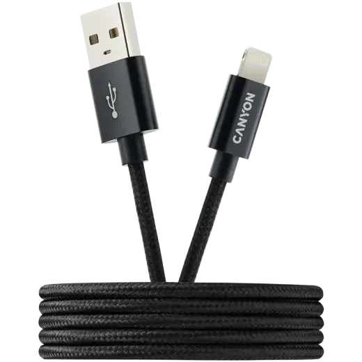 CANYON CFI-3, Lightning USB Cable for Apple, braided, metallic shell, cable length 1m, Black, 14.9*6.8*1000mm, 0.02kg