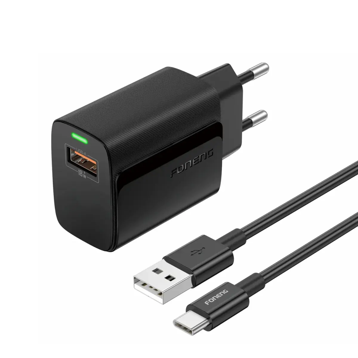 Foneng EU64 travel charger | 18W | USB-C, USB-A | black | with USB to Type C cable included
