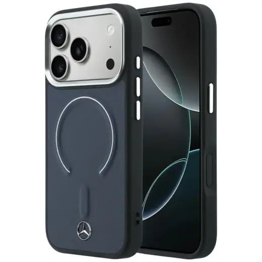 Mercedes Leather 3D telefono dėklas su MagSafe palaikymu iPhone 17 Pro Max mėlynas