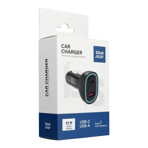 BLUE STAR automobilinis įkroviklis | 63W | PD, QC, PPS | USB-C, USB-A | juodas