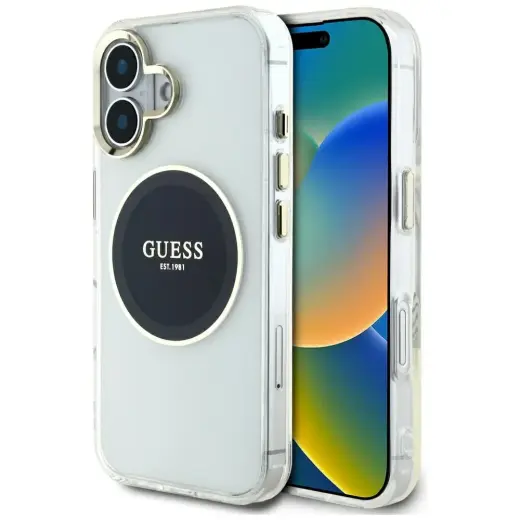 Guess IML Metal Colored Circle Classic Logo MagSafe phone case for iPhone 16 black