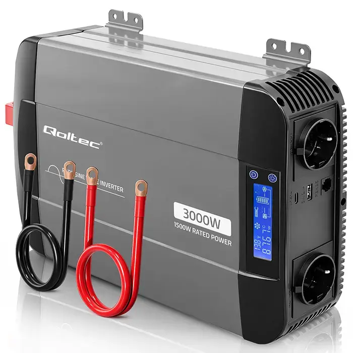 Qoltec Pure Sine Wave Inverter | 12V to 230V | 1500/3000W | LCD | USB | USC-C | Compatible with LiFePO4 GEL AGM