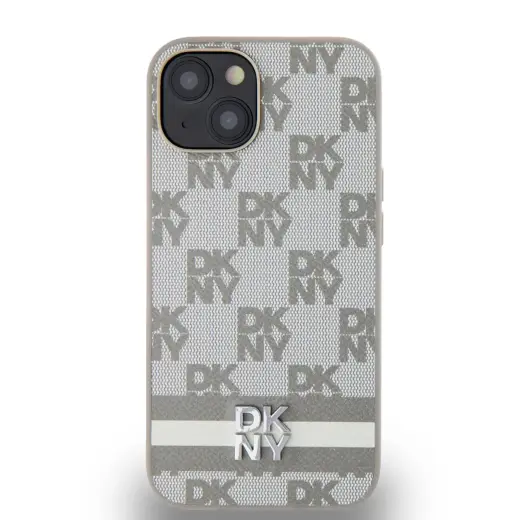 DKNY PU Leather Checkered Pattern and Stripe Case for iPhone 15 Beige