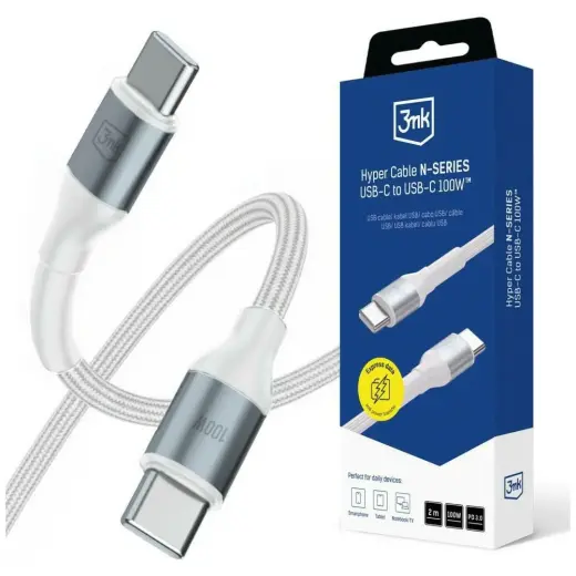 3MK Hyper N-SERIES duomenų perdavimo ir įkrovimo laidas | USB-C į USB-C | PD 3.0, QC 3.0 | 100W | 2m | baltas