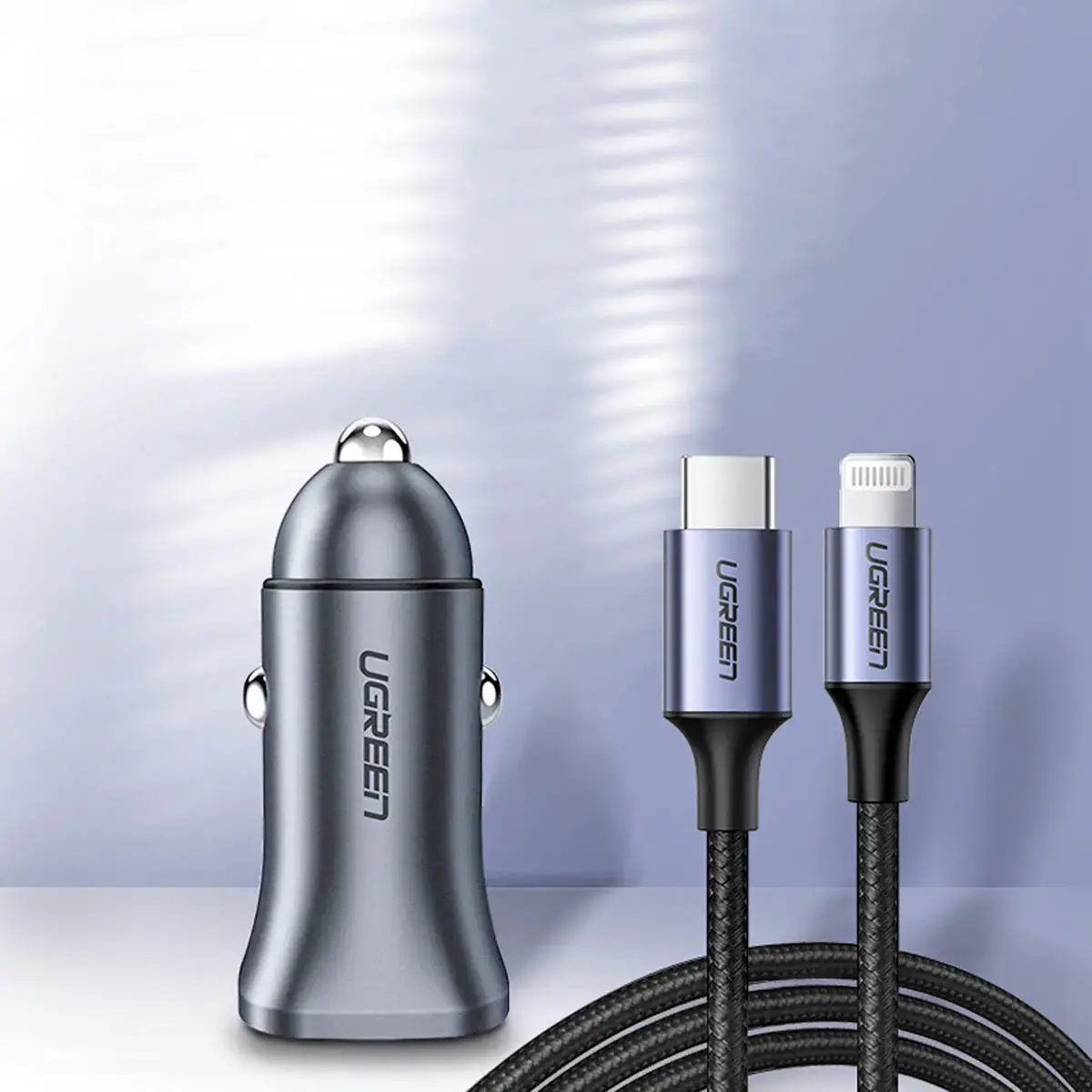 UGREEN CD130 auto lādētājs | 30W | PD, QC | USB-A, USB-C | pelēks
