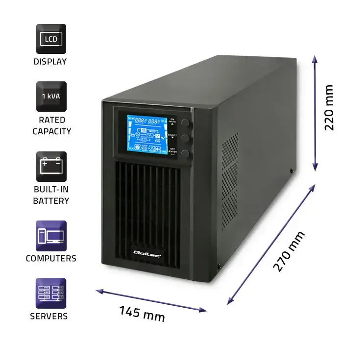 Qoltec Uninterruptible Power Supply UPS On-line | Pure Sine Wave | 1kVA | 800W | LCD | USB