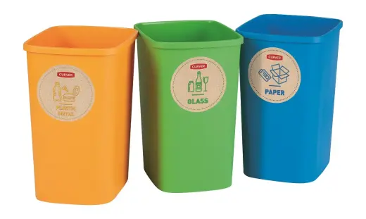 Prügikasti komplekt Deco Flip Bin, kaaneta, 3x10 l, sinine/roheline/kollane