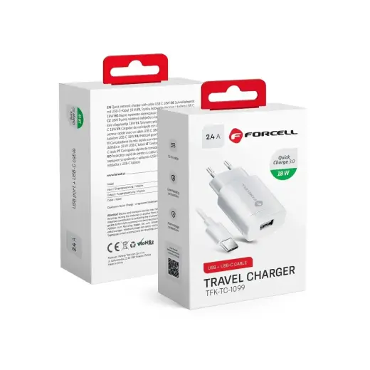 Forcell F-Energy tīkla lādētājs | 18W | QC | USB-A, USB-C | ar USB-A uz USB-C vadu komplektā | balts