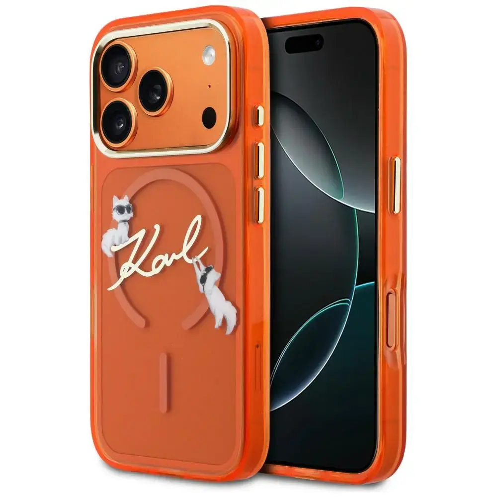 Karl Lagerfeld IML Choupettes Karl Script Logo telefoni ümbris MagSafe toega iPhone 17 Pro oranž