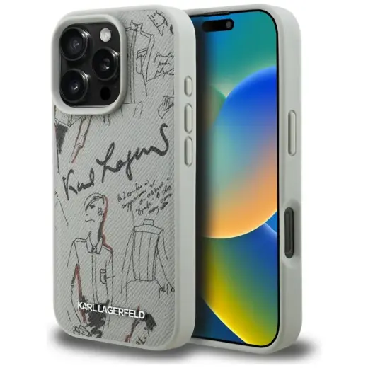 Karl Lagerfeld Grained Pattern & Logo maciņš ar MagSafe atbalstu telefonam iPhone 16 Pro Max pelēks
